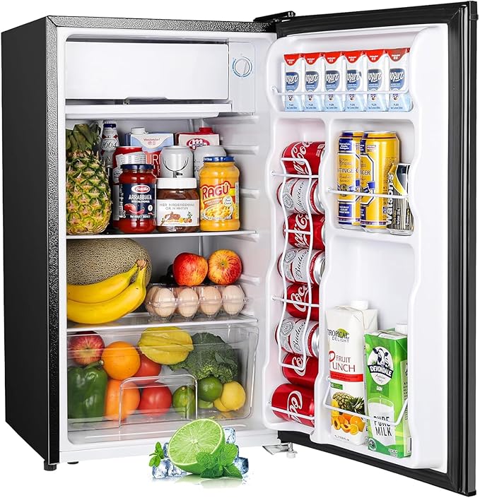 Upstreman 3.2 Cu.Ft Mini Fridge with Freezer, Single Door Mini Fridge, Dorm Fridge, Adjustable Thermostat, Mini Refrigerator for Bedroom, Office, Dorm, Black-BR321