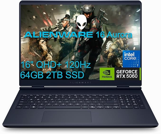 Alienware 16 Aurora Gaming Laptop (16" QHD+ 120Hz, Intel 10-Core 7 240H (> i7-13620H), 64GB DDR5, 2TB SSD, NVIDIA GeForce RTX 5060 8GB), Backlit Keyboard, Wi-Fi 7, Ethernet, Webcam, Win 11 Home
