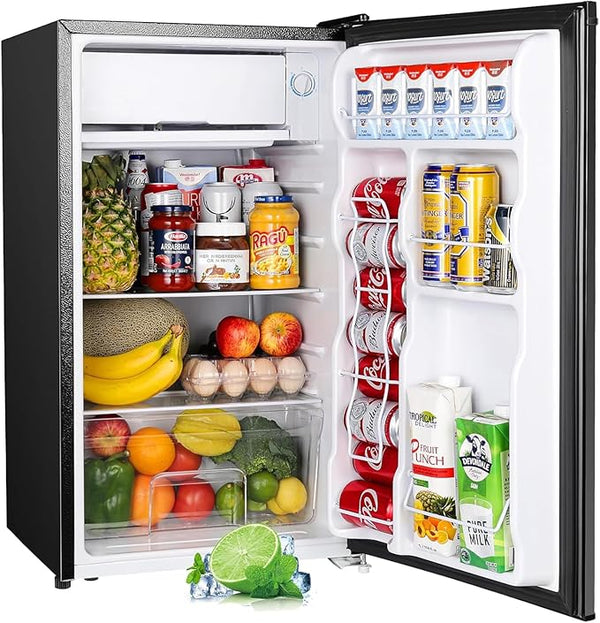 Upstreman 3.2 Cu.Ft Mini Fridge with Freezer, Single Door Mini Fridge, Dorm Fridge, Adjustable Thermostat, Mini Refrigerator for Bedroom, Office, Dorm, Black-BR321